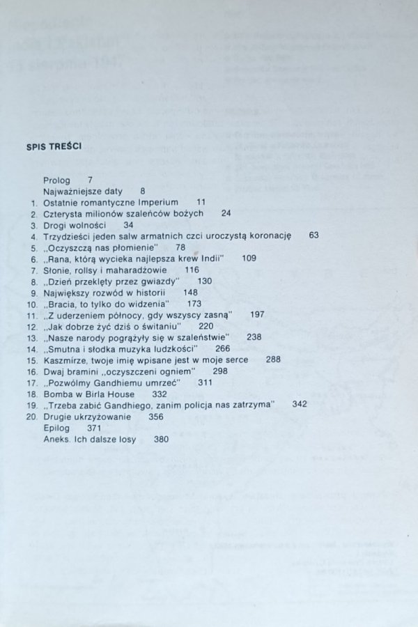 Dominique Lapierre  Noc wolności - spis treści
