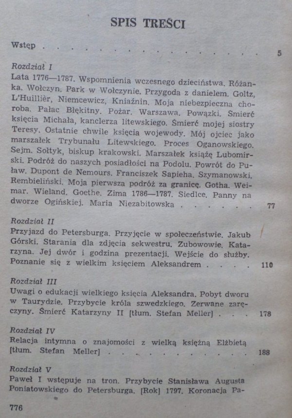 Adam Jerzy Czartoryski • Pamiętniki i memoriały polityczne 1776-1809 - spis treści
