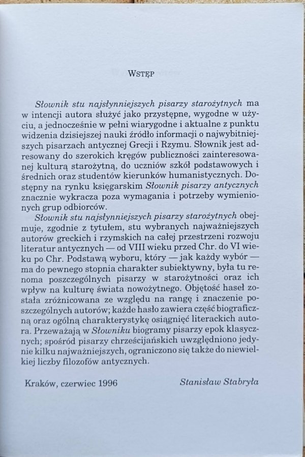 Stanisław Stabryła Stu najsłynniejszych pisarzy starożytnych - wstęp