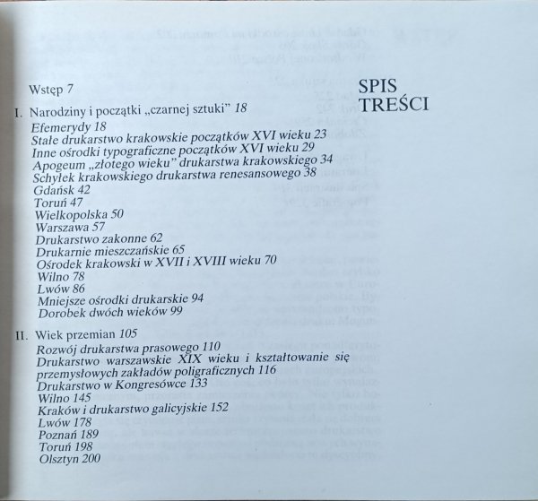 Janusz Sowiński  Polskie drukarstwo, spis treści