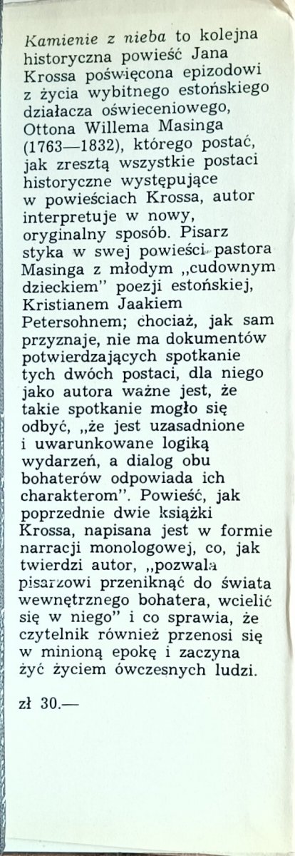 Jaan Kross Kamienie z nieba  - obwoluta