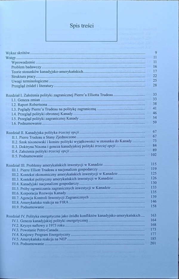 Marcin Gabryś - Stosunki kanadyjsko-amerykańskie - spis treści