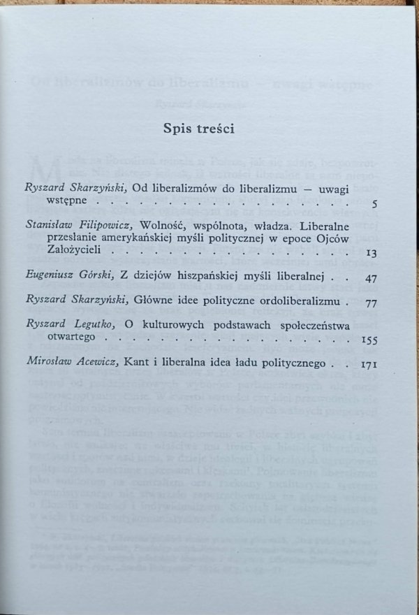 red. Ryszard Skarżyński  Studia nad liberalizmem - spis treści