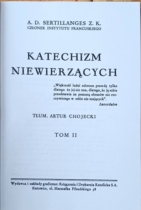 A.D. Sertillanges • Katechizm dla niewierzących tom 2 - strona tytułowa