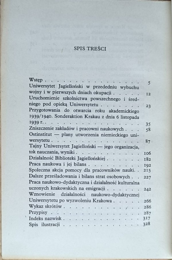 Stanisław Gawęda  Uniwersytet Jagielloński w okresie drugiej wojny światowej 1939-1945  - spis treści