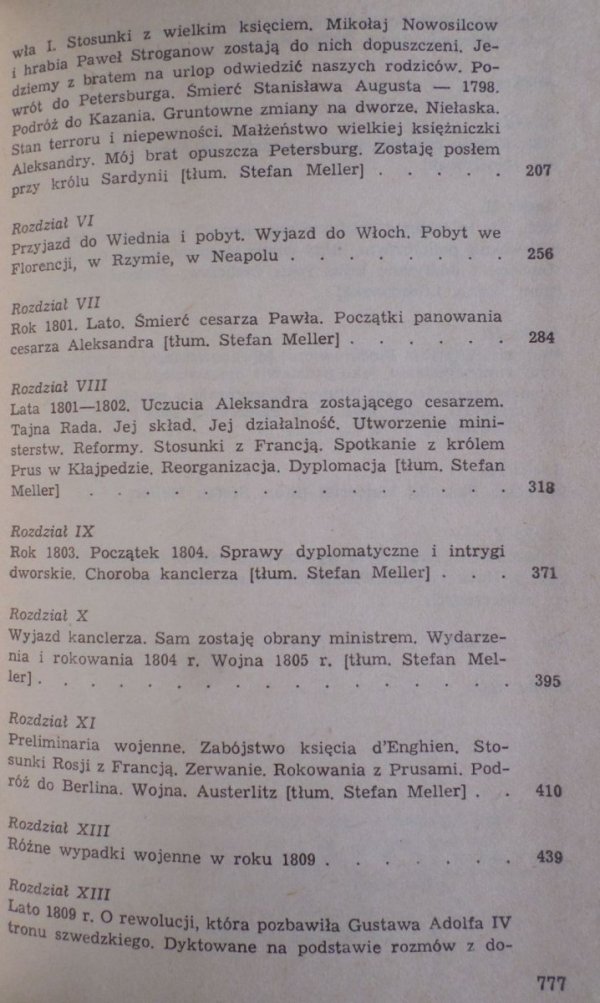 Adam Jerzy Czartoryski • Pamiętniki i memoriały polityczne 1776-1809 - spis treści