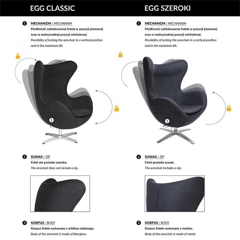 Fotel EGG CLASSIC BLACK marchewkowy.38 - wełna, podstawa czarna
