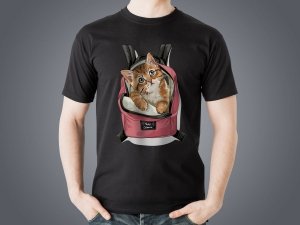 Koszulka czarna personalizowana kot w plecaku - Studioix.pl