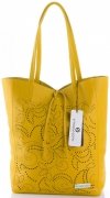Vittoria Gotti Włoski Skórzany ShoppeBag z Kosmetyczką w modne wycinane wzory Żółty