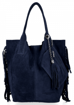 Módní Italské Kožené Kabelky Shopper Bag Boho Style Vittoria Gotti Tmavě Modrá