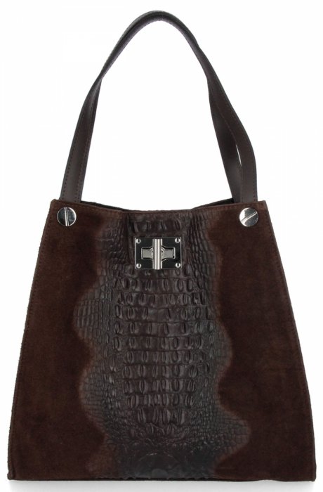 Kožená taška Shopper Bag XL s kosmetickou taštičkou, vzor aligátor, čokoládová