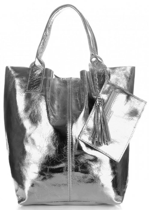 Kožené kabelka shopper bag Genuine Leather tmavě stříbrná 555