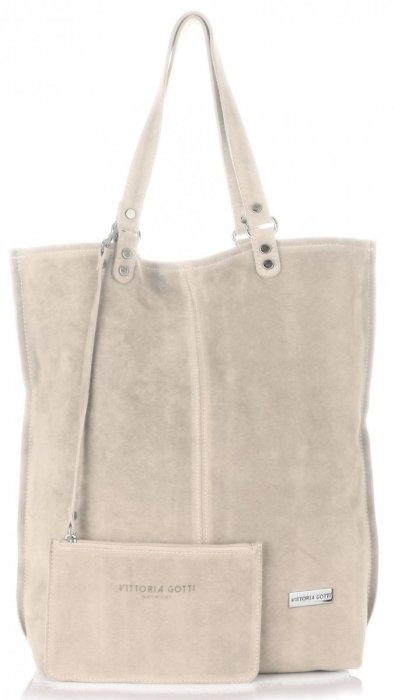 Uniwersalna Torba Skórzana Firmowy Shopper Vittoria Gotti w rozmiarze XXL Zamsz Naturalny wysokiej jakości Beżowa