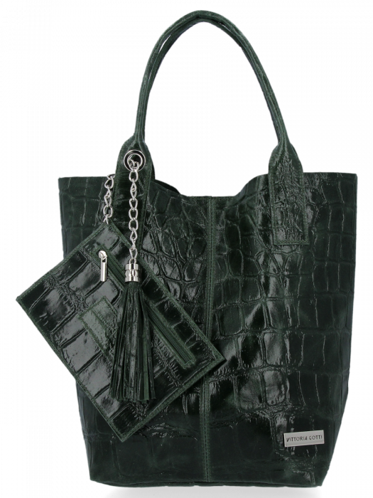 Uniwersalna Torebka Skórzana XL Shopper Bag w motyw zwierzęcy firmy Vittoria Gotti Butelkowa Zieleń