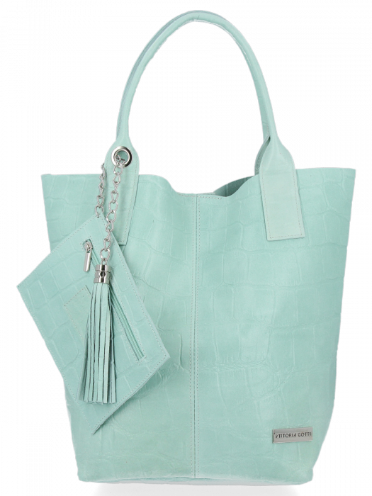 Uniwersalna Torebka Skórzana XL Shopper Bag w motyw zwierzęcy firmy Vittoria Gotti Mięta