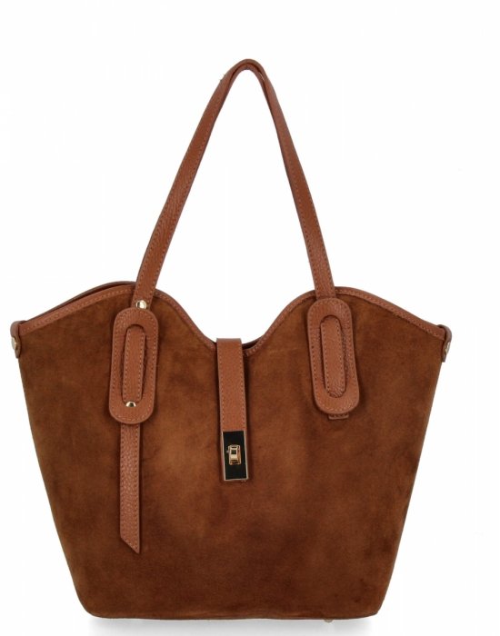 Włoska Torebka Skórzana Shopper Bag z Kosmetyczką 631 Ruda