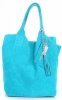 Włoska Torebka Skórzana  Shopper bag Zamsz Naturalny Turkusowa