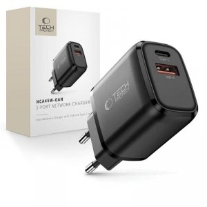 Szybka Ładowarka Sieciowa Tech-Protect NCA45W-GAN 2-Port PD 45W / QC3.0 Black