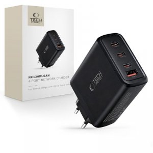 Szybka Ładowarka Sieciowa Tech-Protect PD 120W / QC3.0 4-Port PD 120W do MacBook / Samsung Black