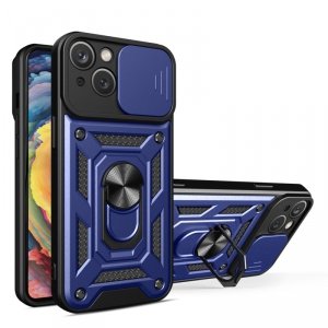 Pancerne etui z podstawką i osłoną aparatu do iPhone 15 Plus Hybrid Armor Camshield - niebieskie