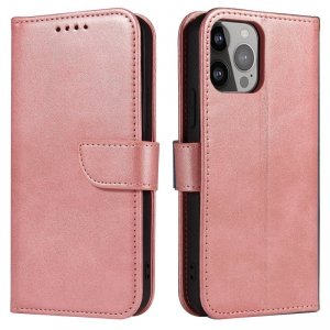 Etui portfel z klapką podstawką do iPhone 15 Pro Max Magnet Case - różowe