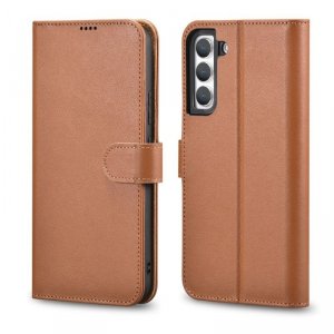 iCarer Haitang Leather Wallet Case skórzane etui do Samsung Galaxy S22 portfel obudowa pokrowiec brązowy (AKSM04BN)