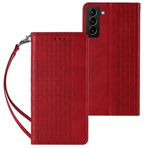 Magnet Strap Case etui do Samsung Galaxy S22+ (S22 Plus) pokrowiec portfel + mini smycz zawieszka czerwony