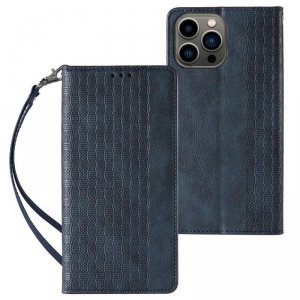 Magnet Strap Case etui iPhone 14 Pro Max pokrowiec z klapką portfel mini smycz podstawka niebieskie