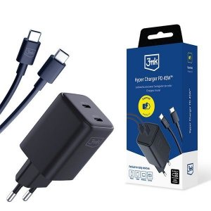 3MK Hyper Charger PD 45W ład. sieć.czarna/black + 2x USB-C Cables