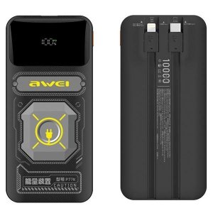 AWEI PowerBank z wbudowanym kablem       Lightning/USB-C P77K 10000mAh czarny/black 22.5W