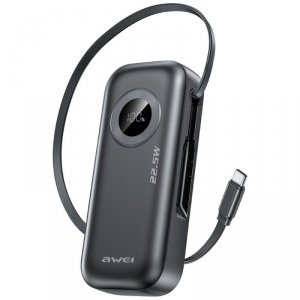 AWEI PowerBank PA-9 10000mAh 22.5W       z wyciąganym kablem czarny/black
