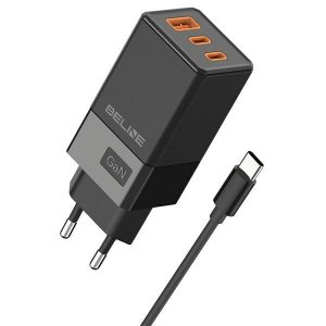 Beline Ładowarka sieciowa 2x USB-C + 1x USB 65W+ kabel USB-C czarny/black PD 3.0 + QC 3.0  BLN3CB65C GaN
