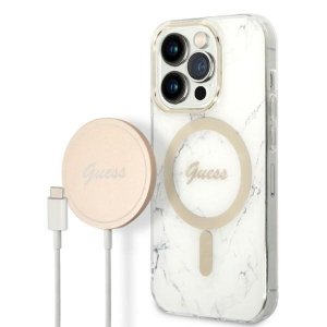 Zestaw Guess GUBPP14LHMEACSH Case+ Charger iPhone 14 Pro 6,1 biały/white hard case Marble MagSafe