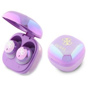 Guess słuchawki Bluetooth GUTWSJ144ESU   TWS + stacja dokująca fioletowy/purple Iridescent 4G Printed Logo
