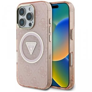 Etui Guess IML Metal Glitter 4G Circle   Triangle MagSafe do iPhone 16 Pro różowy