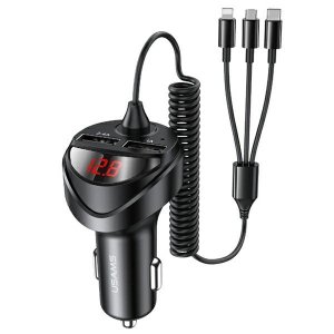 USAMS Ładowarka samochodowa 2xUSB+ kable 3w1 C22 (lightning+microUSB+USB-C) czarny/black CC119TC01 (US-CC119)