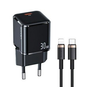 USAMS Ład. siec. 1xUSB-C T45 30W PD3.0 Fast Charging +kabel U63 USB-C/Lightning czarny/black UXTZH01 (USAMS-UX)