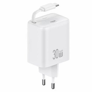 USAMS Ład. siec. 1xUSB-C ze zwijanymkablem USB-C Retractable PD+QC 30W Gan Fast Charging biały/white YC Series CC241TC02 (US-CC2