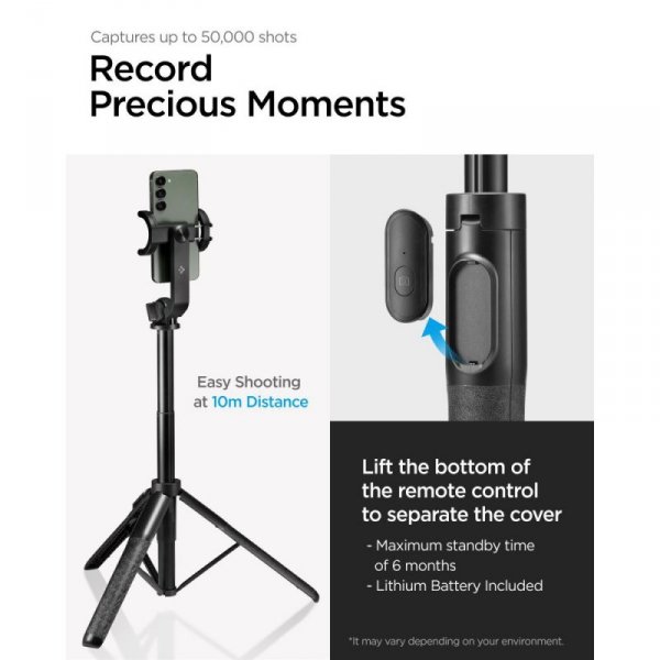 Wysoki Statyw Spigen S560W Selfie Stick 161cm – Bezprzewodowy Tripod Bluetooth, Black
