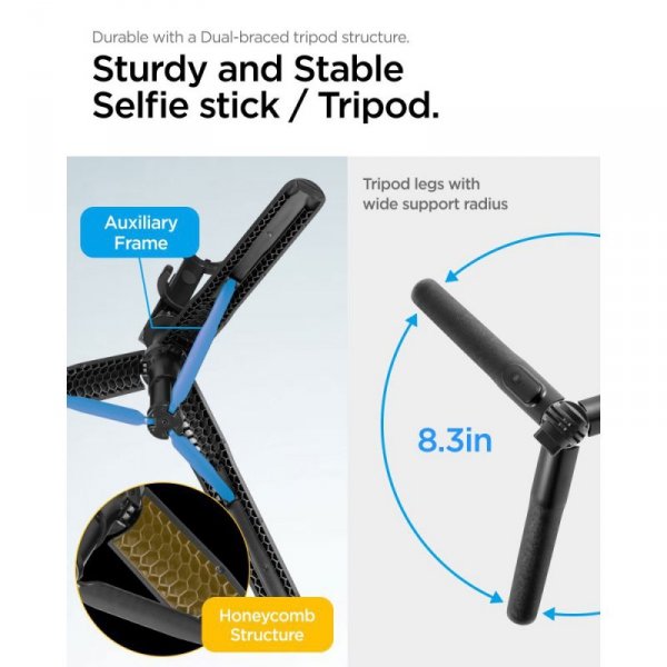 Wysoki Statyw Spigen S560W Selfie Stick 161cm – Bezprzewodowy Tripod Bluetooth, Black