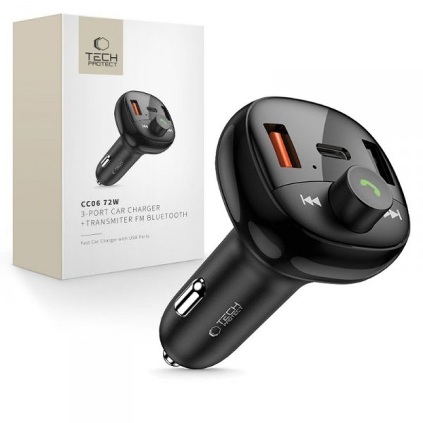 TECH-PROTECT CC06 3-PORT CAR CHARGER PD 72W + TRANSMITER FM BLUETOOTH BLACK
