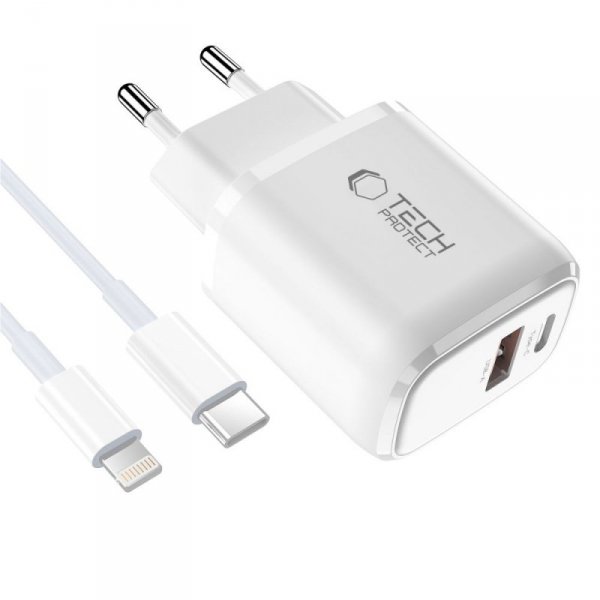 TECH-PROTECT NCA20 2-PORT NETWORK CHARGER PD 20W / QC3.0 + LIGHTNING CABLE WHITE