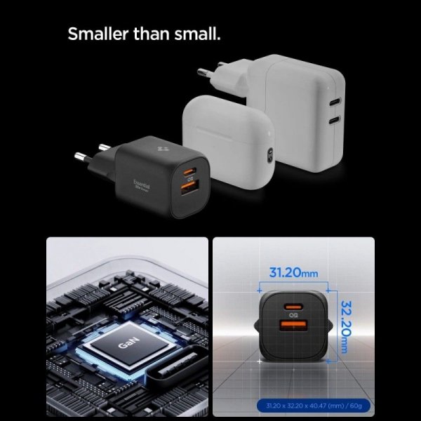 Ładowarka Sieciowa Spigen 35W 2-Porty USB-C + ASB-A Czarna