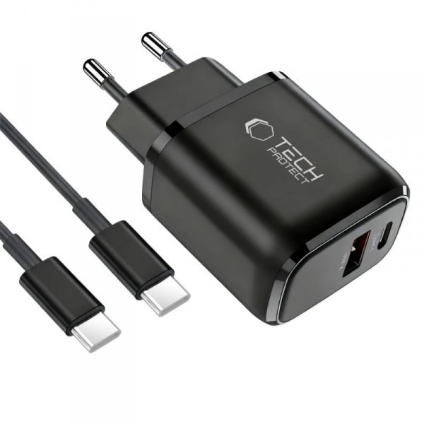 Ładowarka Sieciowa Tech-Protect NCA45W-GAN 2-Port PD45W QC3.0 Black + Kabel USB-C