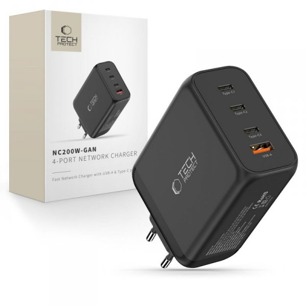 Ładowarka Sieciowa Tech-Protect NC200W-GaN 4-Port PD 200W QC3.0 3xUSB-C 1xUSB-A Czarna