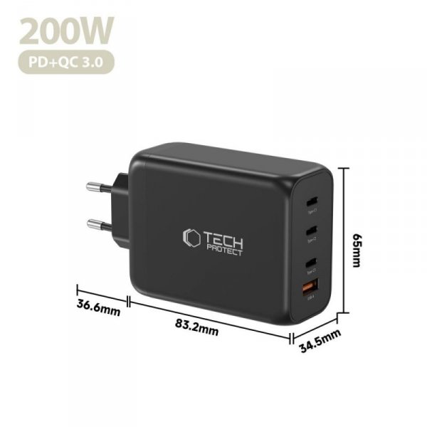 Ładowarka Sieciowa Tech-Protect NC200W-GaN 4-Port PD 200W QC3.0 3xUSB-C 1xUSB-A Czarna