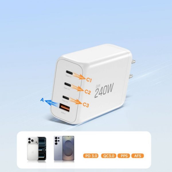 Super Szybka Ładowarka Sieciowa Tech-Protect NC240W-GaN 4-Port PD 240W QC3.0 White