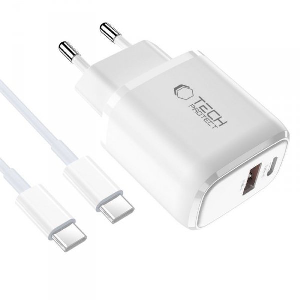 Ładowarka Sieciowa Tech-Protect NCA45W-GaN 2-Port PD 45W QC3.0+ Kabel USB-C White