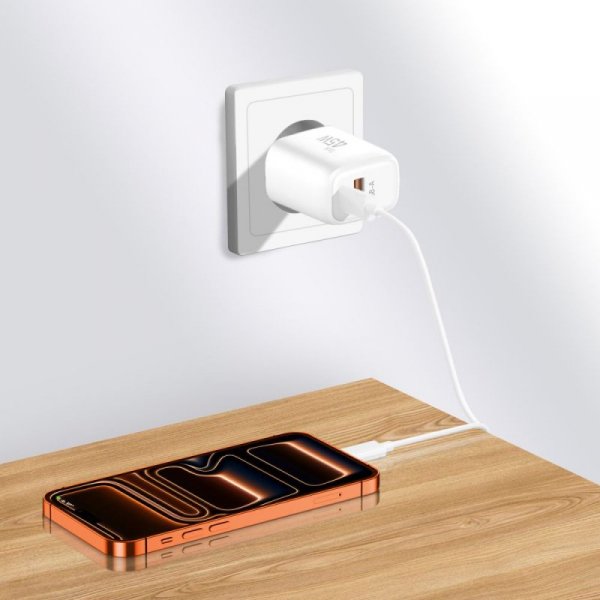 Ładowarka Sieciowa Tech-Protect NCA45W-GaN 2-Port PD 45W QC3.0+ Kabel USB-C White