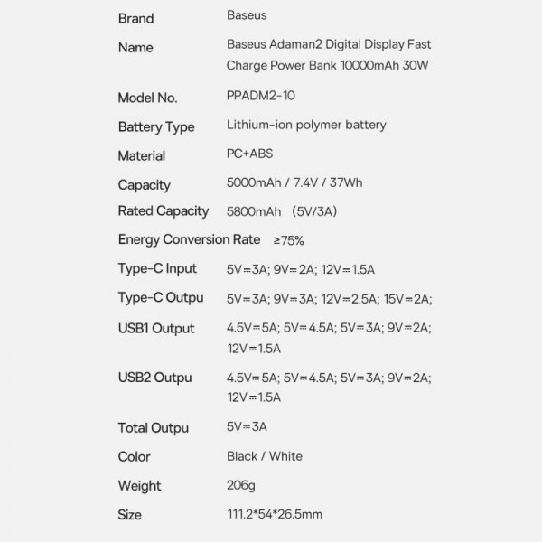 Baseus Adaman2 powerbank z wyświetlaczem cyfrowym 10000mAh 30W 2 x USB / 1x USB Typ C Overseas Edition PD QC SCP czarny (PPAD040